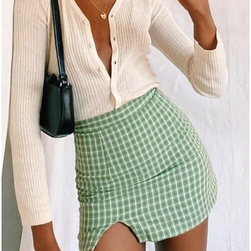 Chic plaid cut slit skirt women summer vintage cara mini skirt 2020 new single cut high waist skirt with split bottoms