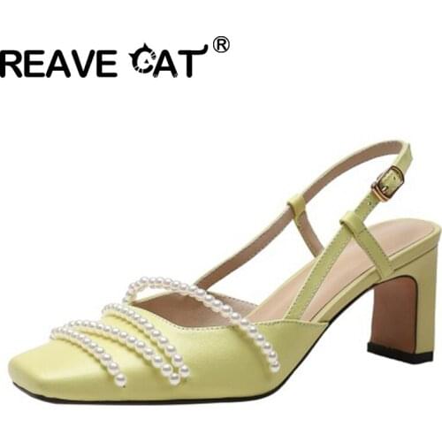 REAVE CAT 2021 Concise Genuine Leather Pumps Beading Back Strap Slingbacks 6.5cm Square Toe Heel US11 White Yellow Blue A4310