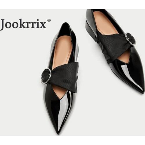 Jookrrix 2019 New Casual Shoes Women Brand Patent Leather Flats Office Lady chausure Pointed Toe Female Flats Metal Decoration