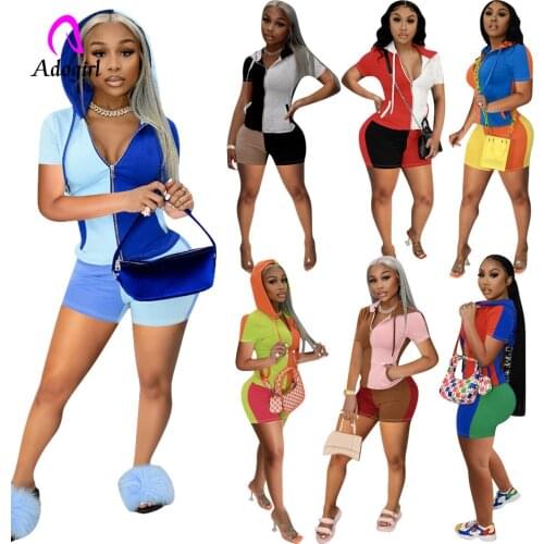 Color Patchwork Women 2 Piece Suit Fitness Hoodies Zipper Coat Biker Shorts Sweat Suits 2021 Summer Jogger Set Sporty Tracksuit