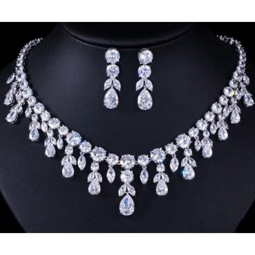 Zlxgirl jewelry classic womens wedding necklace with earring jewelry sets blue green water drop cubic zircon bridal bijoux sets