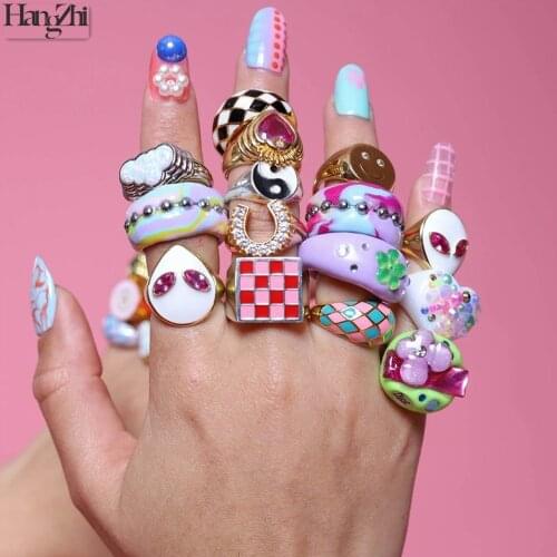 HangZhi 2021 New Summer Colorful Sweet Trendy Geometric Square Checkered Dripping Oil Ring for Women Delicate Jewelry