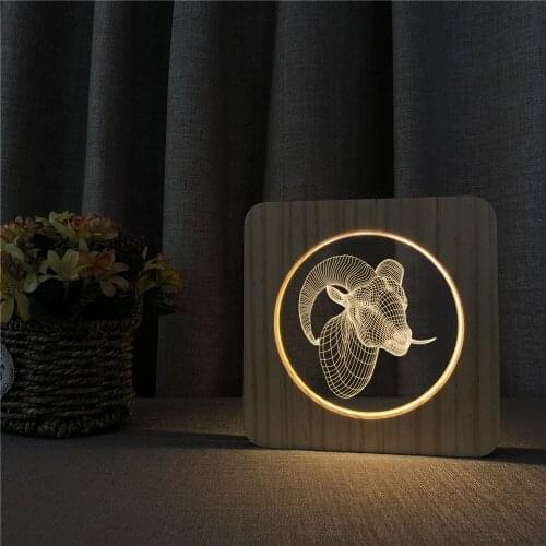 Goat Sheep Animal 3D LED Arylic Wooden Night Lamp Table Light Switch Control Carving Lamp for Childrens Room Decorate
