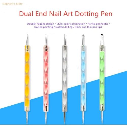 5Pcs/set Dual End Nail Art Dotting Pen Acrylic Drawing Liner Flower Brush Rhinestone Crystal UV Gel Painting Manicure Tool