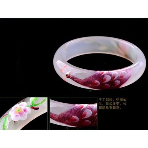 Color painting peacock carving inlaid white agate bracelet Narrow version of ice species without burning jade pith bracelet