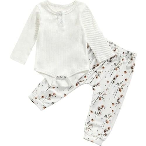 Newborn Baby Kids Fall Spring Outfits Long Sleeve Buttons Ribbed Knit Romper+Floral Pants 2 Pieces Casual Homewear Clothes Girls