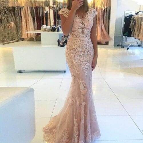 Dubai Evening Dresses Mermaid V-neck Cap Sleeves Tulle Appliques Beaded Saudi Arabia Long Prom Dress Gown Robe De Soiree