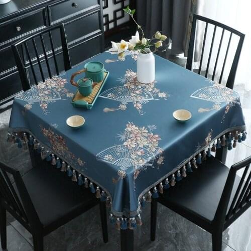 Chinese Vintage Tassel Dining Table Cloth Square Jacquard Fabric Thick Table Cover Coffee Luxury Blue Home Decor for Events