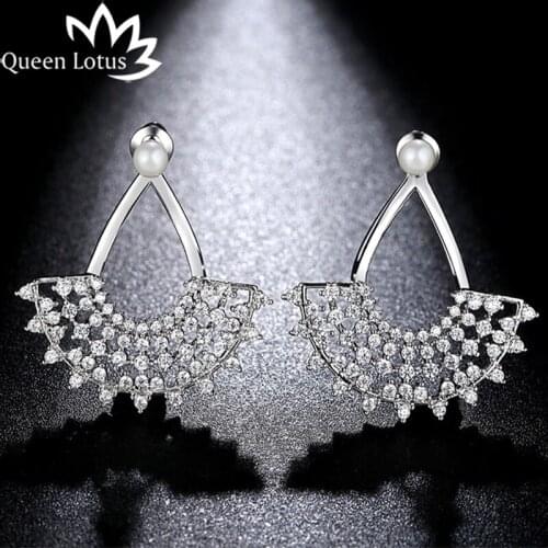 Queen Lotus Trendy Luxury Crystal Pearl Earrings for Women Hollow Skirt Sector Stud Earrings Statement Earrings Female Jewelry