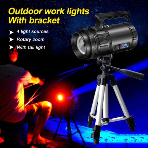 Powerful 50W 4*T6 Flashlight White/Blue/Yellow/UV LED Zoomable Torch USB Rechargeable Searchlight Emergency Fishing Light+Base