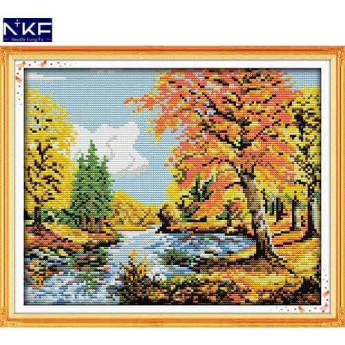 NKF Autumn Scenery Stampede Cross Stitch Pattern DIY Kit Needlework Embroidery Sets Chinese Cross Stitch for Home Decor