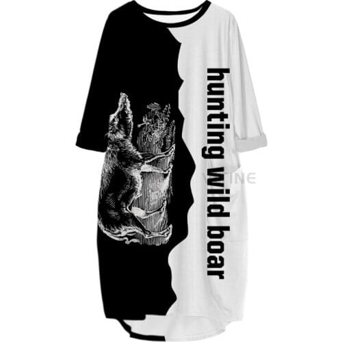New Fashion Hunting 3D Print Long Boar Pocket Loose Casual Robe Summer Dress Traf For Women V10