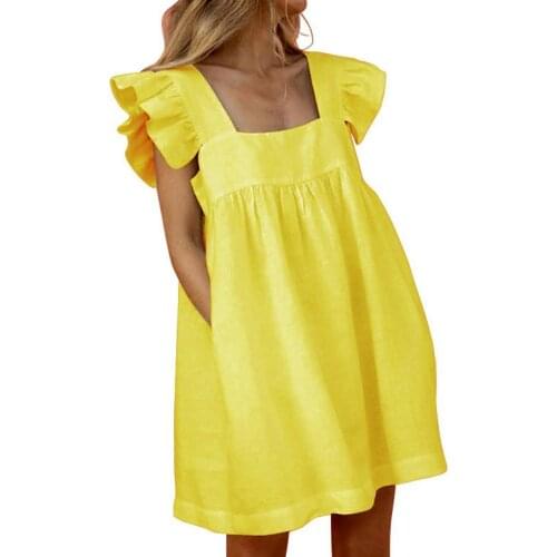 2021 New Women Fashion Dress Casual Square Neck Yellow White Sleeveless Ruffled Straps Pockets Loose Mini Dress