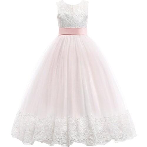 Wedding Bridesmaid Dresses for Kids Sleeveless Tulle Lace Pleated Long Dress Kids Girls First Communication Party Princess Dress
