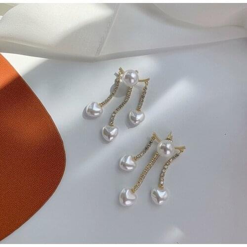 U-Magical Charming Long Tassel Dangle Earring for Women Shining Love Heart Imitation Pearl Rhinestone Metallic Earring Jewelry