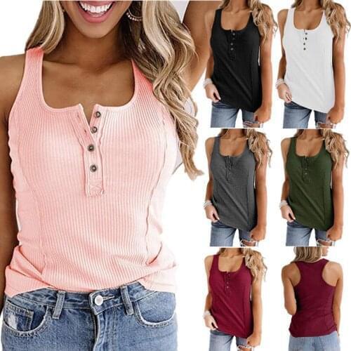 T Shirt Women 2021 New Arrival Summer Style Pure Color Button Women Sleeveless Vest T-shirt Tshirt Dropshipping LDMCX1210