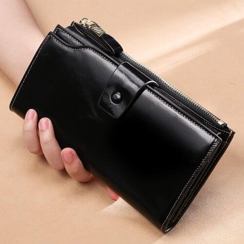 Women Genuine Leather Wallet Long Lady Leather Purse Brand Design Luxury Oil Wax Leather Female Wallet Coin Purse