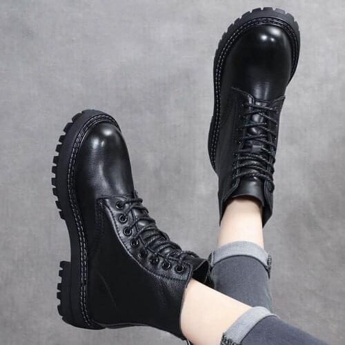 Krasovki Genuine Leather Cow Women Ankle Boots Chunky Heel Platform Motorcycle Lace up Motor Booties Footwear