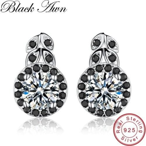 [BLACK AWN] 100% 925 Sterling Silver Jewelry Stud Earrings for Women Black Spinel Stone Flower Earrings Silver 925 Jewelry T140