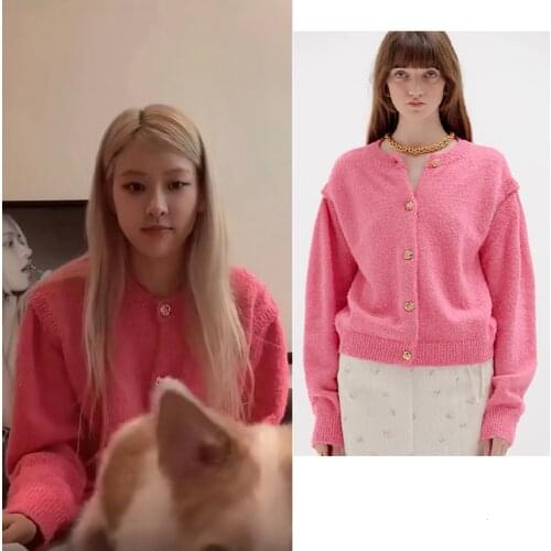 Kpop IU ROSE New Single Breasted O-Neck Women Pink Long Sleeve Cardigan Sweaters Knitted Loose Oversized Jumper Tops Jacket Coat