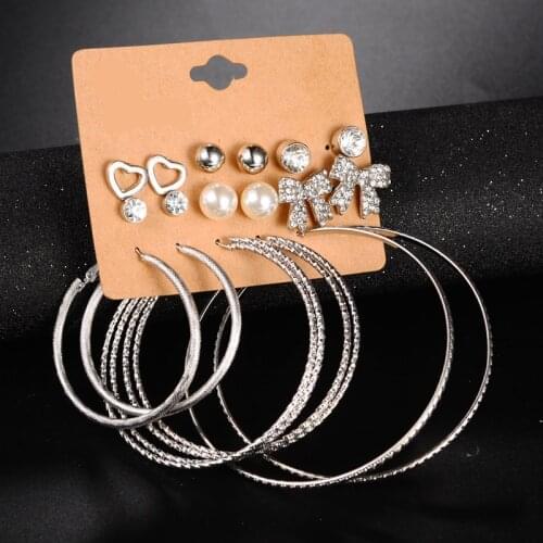 9 Pairs/lot Punk Heart Bow Hoop Earrings Suit For Women Crystal Bowknot Earing Big Circle Ear Studs Bijoux Femme Brincos Aros