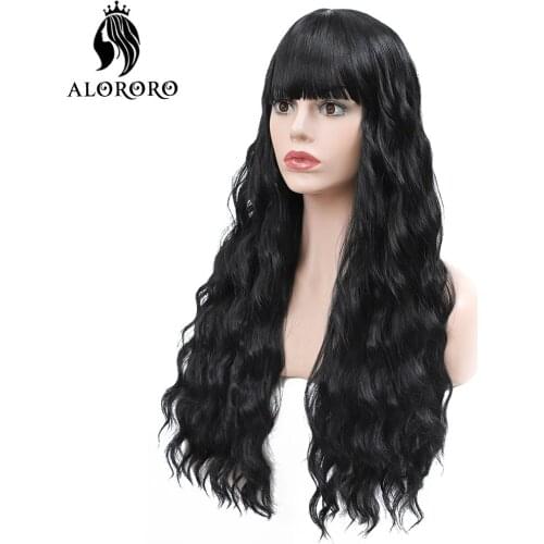 Alororo Natural Black Long Wig with Bangs High Temperature Wire Synthetic Wig 26 inches Female Wavy Wigs Cosplay Party
