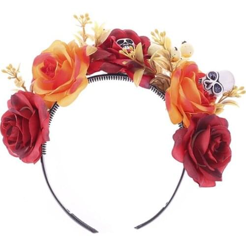 Day of the Dead Spider Skull Headband Multicolored Rose Floral Crown Hair Hoop