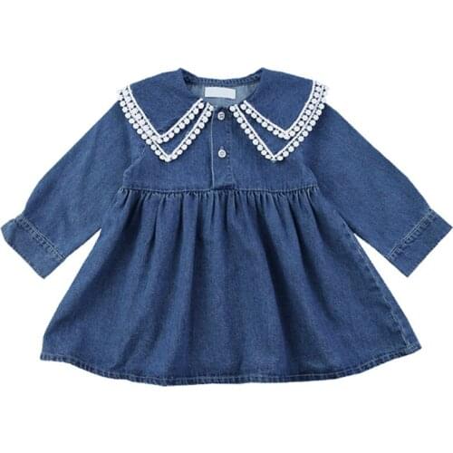Girls Denim Dress Autumn 2020 New Children Girls Thin Soft Denim Side Lapel Dress European & American Baby Kids Dress For 1-6Y