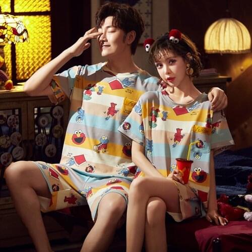 Cotton Couple Pajamas Set Short Sleeve Cartoon ELMO Pyjamas Summer Homewear Sleepwear Pijama Femme Nightgowns Nightwear XXXL