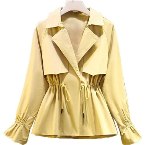 Short Womens Trench Coat Design Fashion Womens Spring Autumn Coat Large Size 4XL Drawstring Casual Ladies Outerwear Tops W513