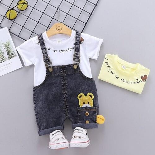 2021 Toddler Girls Cute Bear Clothing Suits Baby Boys Fashion Clothes 2-pieceT-shirt+Denim Suspenders Pants Kids Casual Outfits