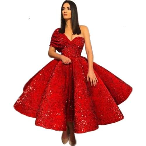 Red Muslim New Dresses 2019 Ball Gown One-shulder Tea Length Sequins Islamic Dubai Kaftan Saudi Arabic Long 2018 Gown