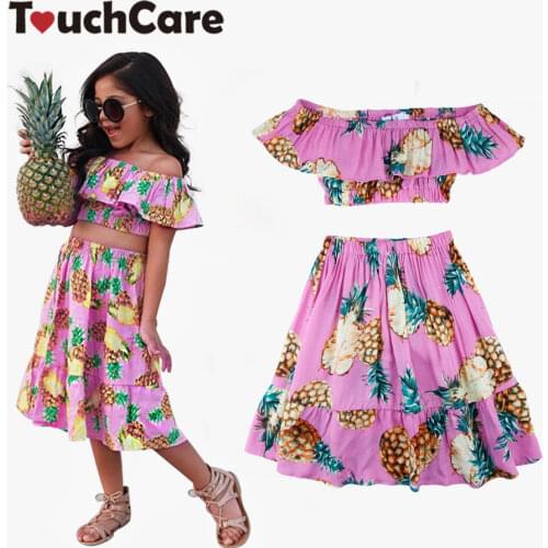 2 PCS/Set Summer Baby Girls Clothing Set Pineapple Print Off Shoulder Top+Skirt Ruffle Girls Dress Beach Sundress Robe Fille