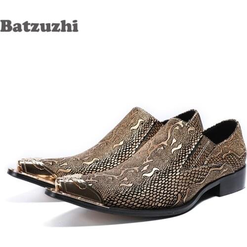 Batzuzhi Handmade Men Shoes Pointed Metal Toe Snake Pattern Leather Men Leather Dress Shoes Gold Oxfords Zapatos Hombre, US12
