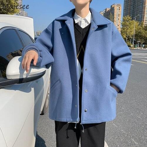 Men Wool Coats Fitness Turn-down Collar Long Sleeve Button Up Solid Male Jackets Korean Style Chic Ins Handsome Sanding Simple