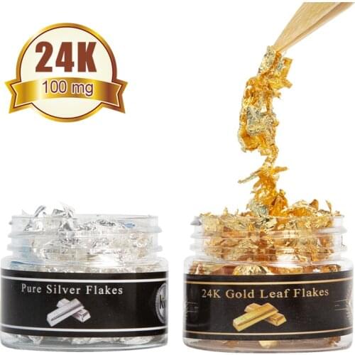 24K Pure Gold Pure Silver Set Gold Foil Flakes for Cake Decoration Chocolate Eating Wine Art Food Grade Laminated 0.1g /Bottle