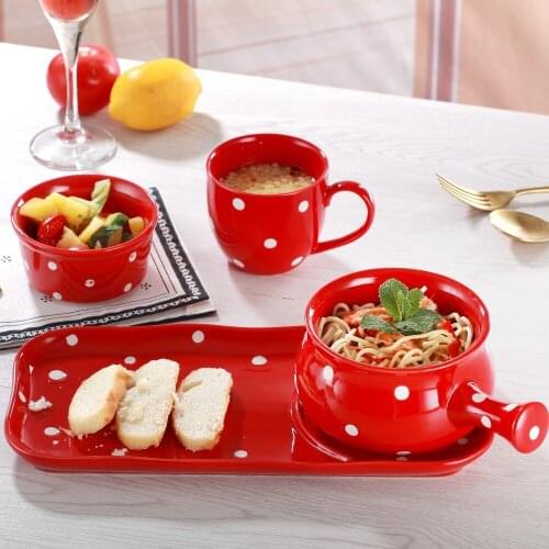 4-piece Set of Wave Point Ceramic Tableware Dishes Domestic Fruit Salad Bowl with Baked Bowl and Mug