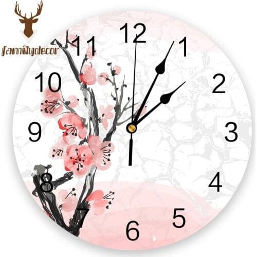 Pink Cherry Blossoms Flower Printed PVC Wall Clock Modern Design Home Decor Bedroom Silent O'clock Watch Wall For Living Room