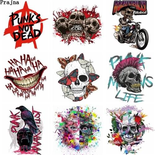 Prajna Skull Punk Heat Transfer Vinyl Patches Iron on Transfer for Clothes DIY Stripes Thermo Stickers Iron on Patches Appliques