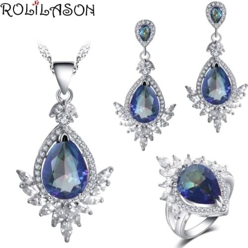 ROLILASON Rainbow color For girl Anniversary gift Cubic Zirconia Stamped Earrings Necklace Rings Jewelry Sets JS765
