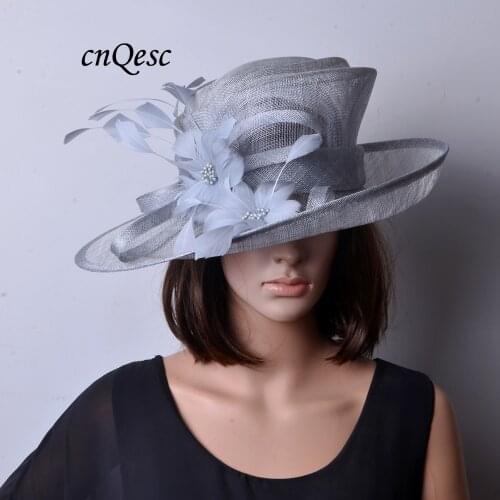 New fashion silver grey Sinamay Hat fascinator formal dress with feathers flower for Kentucky Derby.wedding church.party
