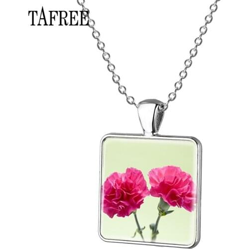 TAFREE New Beautiful Carnation Flower Long Chain Pendant Fashion Art Picture Square Necklaces For Women Jewelry Gift KL39