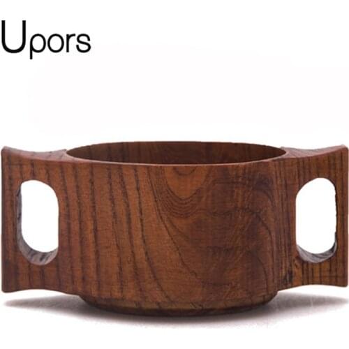 UPORS Japanese Style Wooden Tea Cup With Double Handle High Quality Vintage Coffee Mug Personalized Wooden Tea Mug