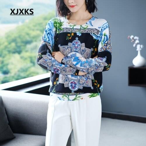 XJXKS 2020 autumn winter new women wool sweater exquisite printing comfortable round neck casual women sweater
