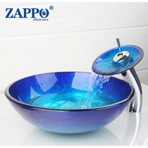 ZAPPO Bathroom Round Bule Tempered Glass Oval Washbasin Faucets Toilet Basin Faucet Sink Combo Set + Pop Up Sink Drain