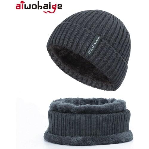 2019 New Winter Fleece Thickened Lining Plus Velvet Knit Beanie Ring Scarf Sets Women Men Solid Color Warm Hat Soft Cap Bonnet