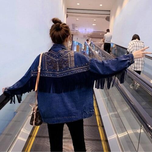 2021 Womens Autumn Denim Jacket Floral Embroidery Suede Fringe Loose Coat Long Sleeve Outerwear Fashion джинсовая куртка жеская