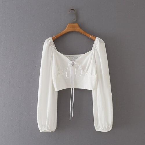 JC·KILIG 2021 Square Neck Lace up Top Womens Bubble Sleeve High Waist Short Long Sleeve Shirt X6056