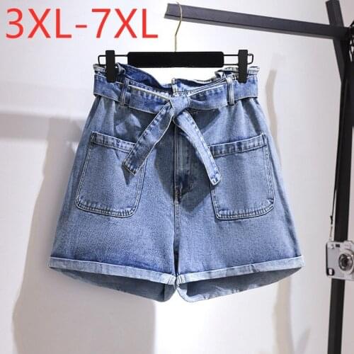 New 2021 Ladies Spring Summer Plus Size Denim Shorts For Women Large Loose Cotton Pocket Bule Belt Shorts 3XL 4XL 5XL 6XL 7XL