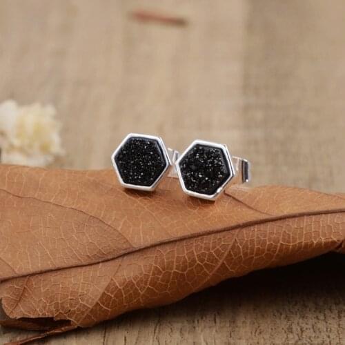 Bijoux Druzy Studs Hexagon Shape Natural Titanium Drusy Women Earrings Gems Black White Studs Earrings Daily Jewelry Dropship